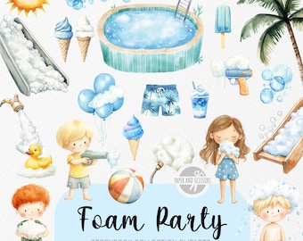 30 Schaumparty ClipArt, Aquarell Bilderbuch, Strand Tropisch Pool Kinderzimmer, Geburtstagsfeier einladen & Dekor, sofortiger Download kommerzielle Lizenz