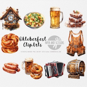 May include: A set of 10 digital watercolor illustrations of Oktoberfest themed clip art. The illustrations include a pretzel, a stein of beer, a traditional German outfit, a clock, a barrel, an accordion, a plate of potato salad, a cake, and sausages.