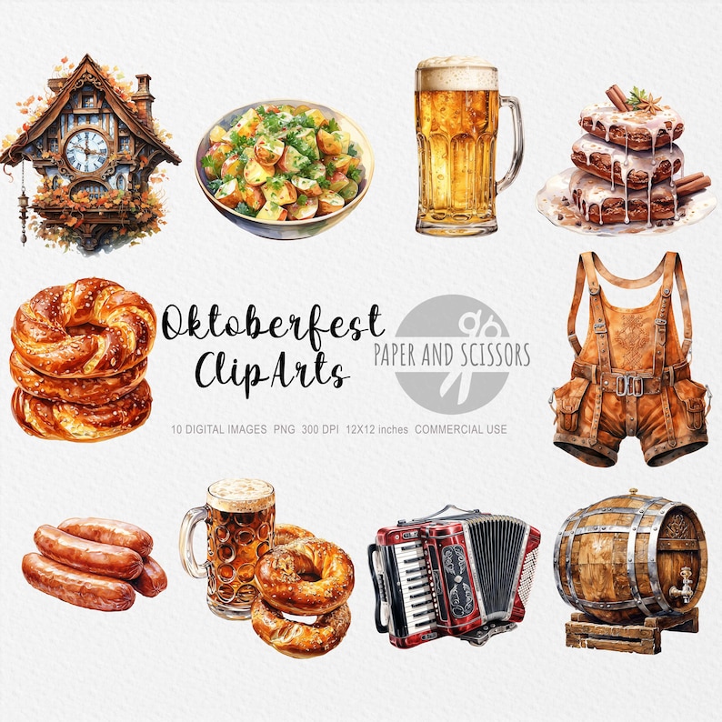 May include: A set of 10 digital watercolor illustrations of Oktoberfest themed clip art. The illustrations include a pretzel, a stein of beer, a traditional German outfit, a clock, a barrel, an accordion, a plate of potato salad, a cake, and sausages.