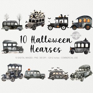 May include: Ten digital illustrations of black Halloween hearses with various spooky details, including skeletons, bats, and pumpkins. The images are in PNG format, 300 DPI, and 12x12 inches.  Commercial use is permitted.