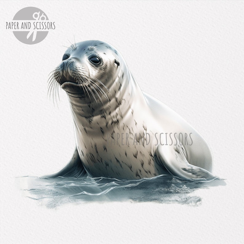 Puede incluir: Primer plano de una foca gris y blanca con manchas negras, nadando en el agua. La foca mira directamente al espectador con la cabeza ligeramente inclinada. El agua es de color azul claro y el fondo es blanco.