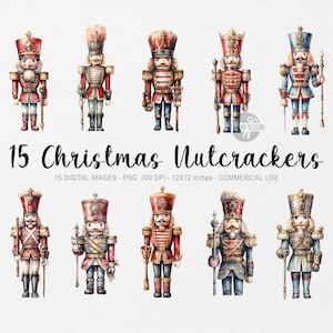 May include: Watercolor illustration of 15 Christmas nutcrackers in various uniforms. The nutcrackers are in shades of red, blue, gold, and white. The text "15 Christmas Nutcrackers" is displayed below the images.