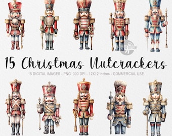 クリスマスくるみ割り人形のクリップアート15点、水彩画風クリスマスくるみ割り人形PNG、クリスマスツリーPNG、クリスマスのクリップアート、おもちゃPNG、ギフト、プレゼント、サンタ