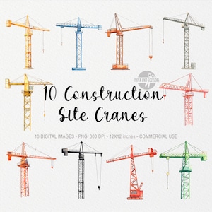 10 cliparts de grue de chantier, aquarelle PNG, bâtiment, camion de ciment, excavatrice, gratte-ciel, décoration de chambre d'enfant, garçon, téléchargement numérique