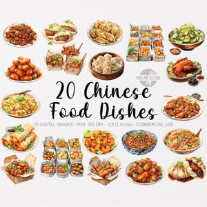 20 ClipArt di piatti di cibo cinese, cibo asiatico dell'acquerello, stile cinese, ClipArt di cibo, ClipArt di Wok, Noodle, Bao, Gnocchi, Download istantaneo