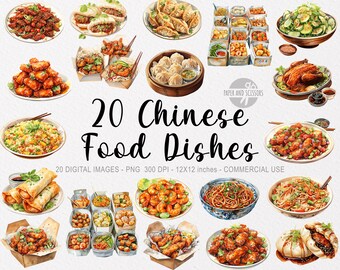20 Chinese Food Dishes ClipArts, Watercolor Asian Food, Chinese Style, Food ClipArt, Wok ClipArt, Noodle, Bao, Dumplings, Instant Download