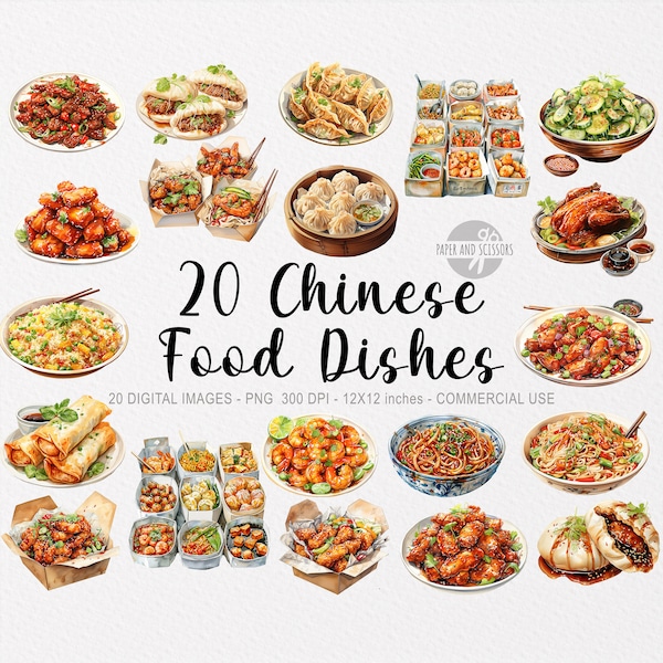 20 Chinese Food Dishes ClipArts, Watercolor Asian Food, Chinese Style, Food ClipArt, Wok ClipArt, Noodle, Bao, Dumplings, Instant Download