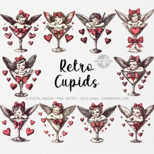 10 Retro Cupid ClipArts, Walentynki PNG, Sublimacja Walentynek Vintage, Ilustracja Kokietki Miłosnej, Akwarela, Cherub Digital Download