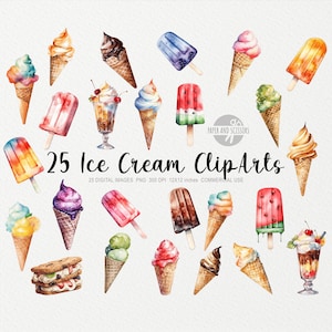 25 Eis ClipArt, Eis PNG, Aquarell Eis Illustration, Gelato PNG, Eis am Stiel ClipArt, Obst, Schokolade, Vanille, Soft Serve
