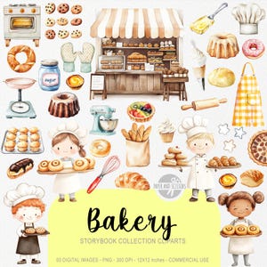 50 imágenes prediseñadas de panadería adorables, cuento de acuarela, guardería de pastelero, invitación y decoración para fiesta de cumpleaños de panadero, descarga instantánea con licencia comercial.