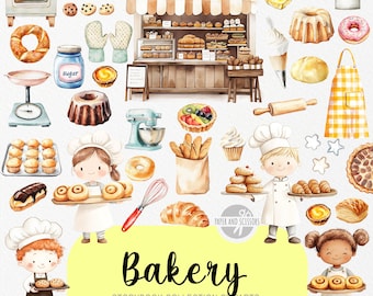 50 süße Bäckerei ClipArt, Aquarell Märchenbuch, Konditor Kinderzimmer, Bäcker-Geburtstags-Party einladen & Dekor, sofortiger Download kommerzielle Lizenz