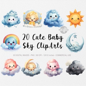 Cute Baby Sky Clipart, Cloud PNG, Sky Acquerello, Arte per bambini, Kids Wall Art, Nursery Decor, Baby Shower Clipart, Cute Moon PNG, Sky PNG
