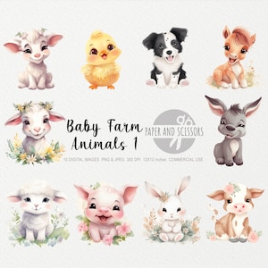Baby Farm Animals Clipart, Baby Farm Animals PNG, Animals illustration, Animals Clipart, Nursery Wall Art, Kids Room Painting, Baby Shower