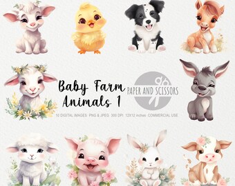 Baby Farm Animals Clipart, Baby Farm Animals PNG, Animals illustration, Animals Clipart, Nursery Wall Art, Kids Room Painting, Baby Shower