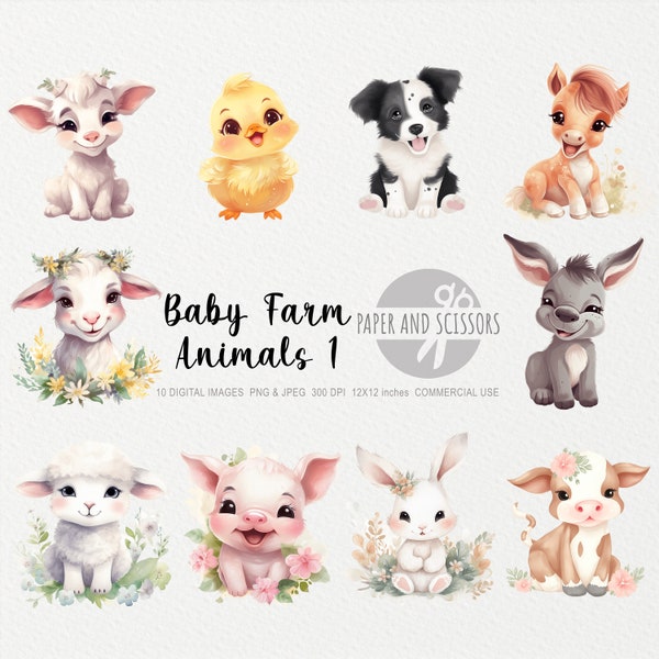 Baby Farm Animals Clipart, Baby Farm Animals PNG, Animals illustration, Animals Clipart, Nursery Wall Art, Kids Room Painting, Baby Shower