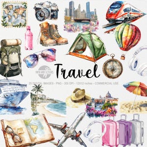 Imágenes prediseñadas de pasatiempo de viaje, viaje en acuarela PNG, imágenes prediseñadas de viaje europeo acogedor, descarga digital, álbum de recortes, tren, avión, crucero, campamento, bolsa