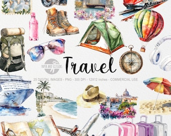 Travel Hobby Clipart, Watercolor Trip PNG, Cozy European Travel Clipart, Digital Download, Scrapbooking, Train, Plane, Cruise, Camping, Bag