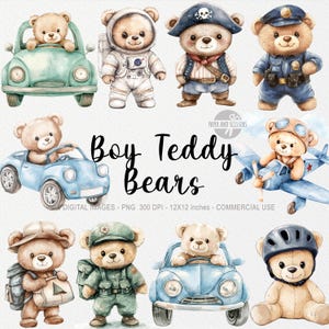 10 cliparts garçon nounours, travail de garçon PNG, clipart aquarelle, décoration de chambre d'enfant, faire-part d'anniversaire, baby shower, pilote, chauffeur, policiers, mignon