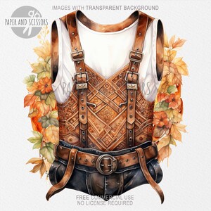May include: A brown leather harness with straps and buckles, decorated with intricate patterns. The harness is worn over a white tank top and has a brown leather belt with a metal buckle. The harness is surrounded by autumn leaves.