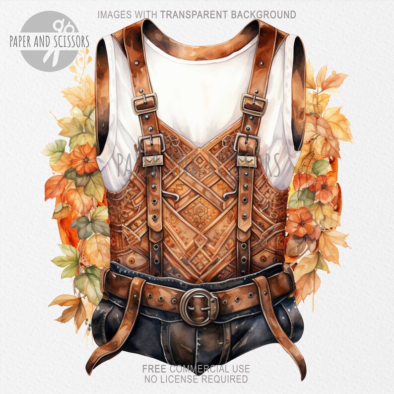 May include: A brown leather harness with straps and buckles, decorated with intricate patterns. The harness is worn over a white tank top and has a brown leather belt with a metal buckle. The harness is surrounded by autumn leaves.