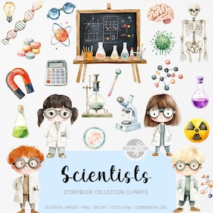 Op de afbeelding: Waterverfillustratie met een wetenschappelijk thema. Bevat een schoolbord, bekers, een microscoop, een hersen, een skelet en cartoonwetenschappers. Het woord "Scientists" wordt weergegeven in een gestileerd lettertype.