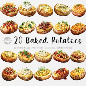 20 imágenes prediseñadas de papas al horno, papas PNG, ilustración de cocina, acuarela, carnaval, feria, comida rápida, ingredientes, papas rellenas, tablero de menú