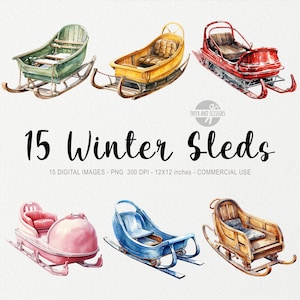 15 Winter Sleigh ClipArt, Sleigh PNG, Illustration de traîneau aquarelle, Paquet de Noël, ClipArt de vacances, Sports d’hiver PNG, Sports de neige PNG