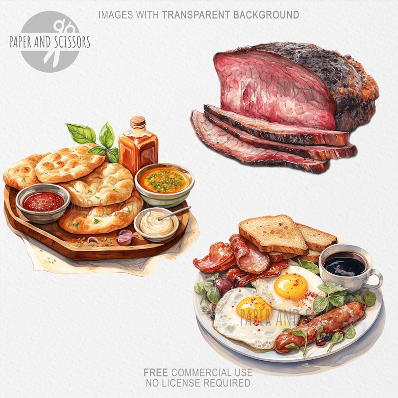 May include: A watercolour illustration of three different food plates. The first plate has flatbreads, a small bowl of red sauce, a small bowl of white sauce, and a small bowl of yellow sauce. The second plate has a large piece of roasted meat. The third plate has two fried eggs, bacon, sausage, toast, and a cup of coffee.
