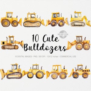 10 Bulldozer Fahrzeuge Cliparts, Aquarell PNG Baustelle, Bagger, Kipper, Kinderzimmer Dekor Junge, digitaler Download