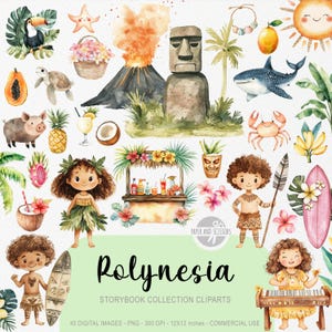 Può includere: Illustrazioni ad acquerello a tema polinesiano. Include un vulcano, statua Moai, tucano, squalo, maiale e persone in abiti tradizionali. Il testo "Polynesia" è visualizzato in un carattere script.