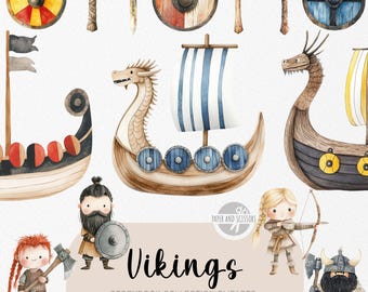 40 Cute Viking ClipArt, Watercolor Storybook, Nordic Nursery, Iceland, Birthday Party Invite & Decor, Instant Download, Commercial License