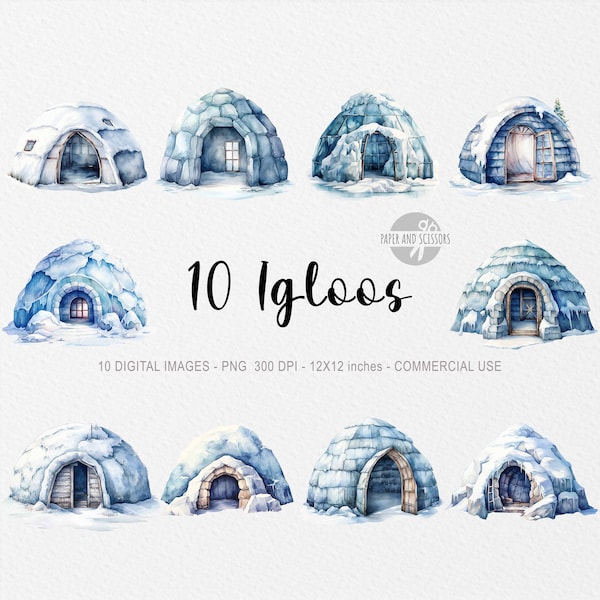 10 Imágenes prediseñadas de iglú de invierno, PNG de iglú, ilustración de iglú, iglú de acuarela, colección de invierno, iglú de esquimal, casa de iglú, casa de hielo, iglú
