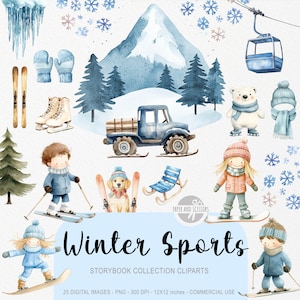 May include: Watercolor illustration of winter sports elements, including a mountain, snowflakes, a truck, skiers, snowboarders, a polar bear, and the text "Winter Sports". The image has a soft, pastel color palette.