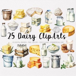 25 produktów mlecznych ClipArts, ser PNG, ilustracja mleka, masło akwarelowe, żywność z farmy, targowisko rolników, jogurt, kefir, natychmiastowe pobieranie