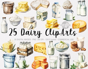 May include: A set of 25 watercolor illustrations of dairy products, including milk, cheese, butter, cream, and yogurt. The illustrations are in a vintage style and are perfect for use in scrapbooking, card making, and other craft projects.