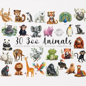 30 Zootiere ClipArts, Dschungel Aquarell PNG, Babyparty Wandkunst, Kinderzimmer Dekor, niedliche Safari, Aufkleber, Löwe, Nashorn, Affe, Koala, Zoo