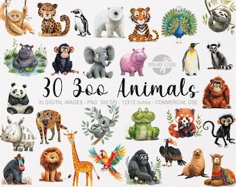30 clipart med zoodjur, djungelvattenfärg PNG, väggkonst för babyshower, barnrumsdekor, söt safari, klistermärken, lejon, noshörning, apa, koala, zoo