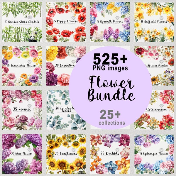 525+ Flower PNG images, Flower ClipArt Bundle, Flower PNG, Watercolor Flower Art, Floral Wall Art, Roses, Peonies, Tulips, Sunflower, Lily