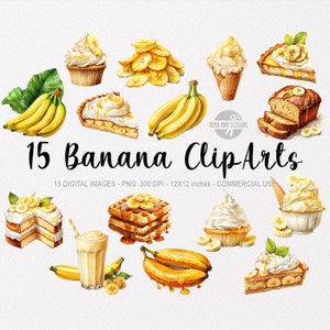 15 Bananen ClipArt PNG, Bananenillustration, Aquarell Bananenblätter, Tropische und exotische Früchte PNG, Milchshake, Bananenkuchen, Bananenbrot
