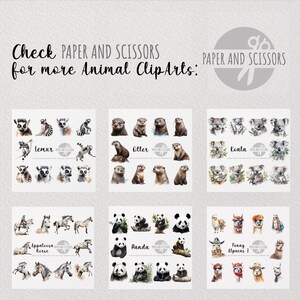 May include: A digital collage of watercolor illustrations of various animals, including a lemur, otter, koala, Appaloosa horse, panda, and alpacas. The text "Check PAPER AND SCISSORS for more Animal ClipArts" is at the top of the image.