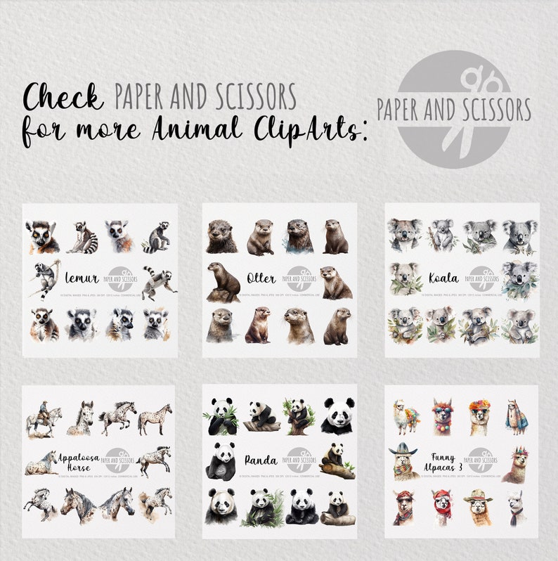 May include: A digital collage of watercolor illustrations of various animals, including a lemur, otter, koala, Appaloosa horse, panda, and alpacas. The text "Check PAPER AND SCISSORS for more Animal ClipArts" is at the top of the image.