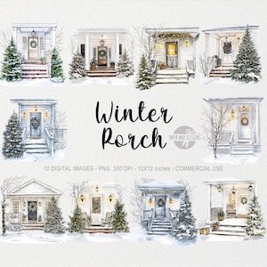 10 winterveranda ClipArts, witte kerst, png, cottagecore, rustiek decor, besneeuwde afdrukbare, decemberdecoratie, sneeuwsublimatie