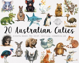 Puede incluir: Ilustraciones en acuarela de 20 animales australianos, incluyendo un koala, un canguro y un tiburón. El texto "20 Australian Cuties" se muestra en una fuente decorativa. La imagen está etiquetada como "Paper and Scissors".