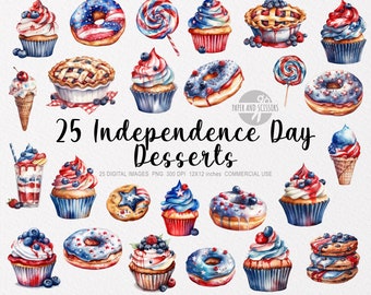 25 Día de la Independencia Postres ClipArt, 4 de julio PNG, Ilustración de donas, Postres de acuarela, Cookie PNG, Cupcake PNG, Piruleta, Batido
