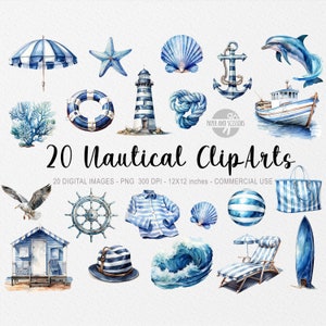 20 nautische ClipArts, kust clipart, zee PNG, reizen clipart, Oceaan clipart, mariene illustratie, zomer clipart, strand decor, schelpen