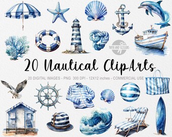 20 imágenes prediseñadas náuticas, imágenes prediseñadas costeras, PNG de mar, imágenes prediseñadas de viaje, imágenes prediseñadas del océano, ilustración marina, imágenes prediseñadas de verano, decoración de playa, conchas marinas