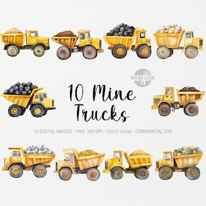 10 Mine Truck Cliparts, niedliches Aquarell, Baustelle LKW, Transport, kleiner Bergmann, Kohle, Sublimation, Kinderzimmer Dekor Junge
