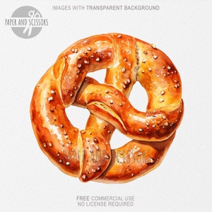 May include: A watercolor painting of a pretzel. The pretzel is a light brown color and has a glossy finish. The pretzel is covered in small, white sesame seeds.