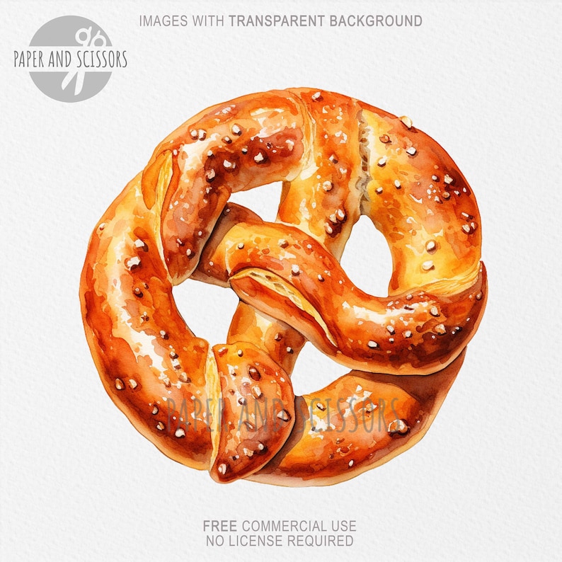 May include: A watercolor painting of a pretzel. The pretzel is a light brown color and has a glossy finish. The pretzel is covered in small, white sesame seeds.