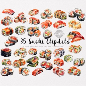 35 Sushi Pieces ClipArt, Sushi PNG Illustration, Watercolor Japanese Food, Omakase, Nigiri, Sashimi, Maki, Uramaki, Temaki, Chirashi, Japan